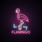 Neon silhouette of pink flamingo with the inscription: be my Flamingo.