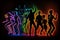 Neon silhouettes of dancing people on a black background