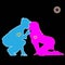 Neon sings of Man and Woman - vector illustration. Art cartoon