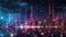 Neon skyline and data analytics visualization. Cityscape bathed in radiant neon and data overlays. Concept of big data