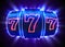 Neon slot machine wins the jackpot. 777 Big win casino concept.