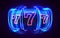 Neon slot machine wins the jackpot. 777 Big win casino concept.