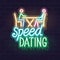 Neon speen dating scene. Man and woman talking with handwritten typography. Vector isolated neon illustration for any