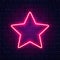 Neon star. Bright pink star frame on brick wall background with backlight. Realistic glowing night signboard. Retro star
