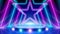 Neon stars, podium, stage light, led arcade. Background for awards ceremony. Pink blue purple glowing neon arch, lines, star.