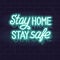 Neon stay home stay safe handwritten lettering. Glowing vector motivation typography. Fluorescent letters on dark brick