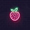 Neon strawberry icon. Vector isolated neon illustration for any dark background. Fluorescent line art icon for menu