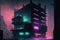 neon-streaked buildings powering illegal activities, digital art poster AI generation