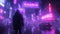 Neon street in cyberpunk city at night, sign Metaverse and lone man in dark futuristic town in rain. Concept of future, virtual