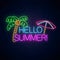 Neon summer poster with lettering, palm tree and beach umbrella. Summer banner, signboard, symbol