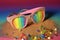 neon sunglasses with rainbow lens and pastel glitter accessories