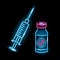 Neon syringe and covid-19 vaccine vial icons isolated on black background. Vaccination, coronavirus pandemic, treatment