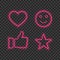 Neon thumbs up, heart, star, smile for social media. Like, ok icon collection isolated on transparent background. Neon lights