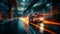 Neon transformer car racing through glowing night metropolis at the speed of light