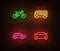 Neon transport signs vector isolated on brick wall. Bike, bus, auto, car light symbols, decoration e