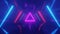 A neon triangle flying through a metallic sci-fi endless corridor with neon lights