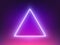 Neon triangle. Futuristic retro template. Music poster with glowing element. Cyberpunk geometric shape. Electronic music