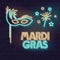 Neon typography for mardi gras canrival with old style mask and sparkling candle. Vector line art illustration on brick