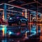 Neon underground car parking. Modern nightlife. Generative ai