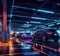 Neon underground car parking. Modern nightlife. Generative ai