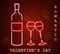Neon Valentine day card with wine bottle and glasses. Red romantic dinner symbol in neon light Vector. Valentine day