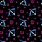 Neon Valentine's Day seamless pattern with icons of heart and Cupids bow on black background. Love, wedding, romance