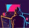 Neon vector art of a man wearing a hoodie and looking at a PC screen. Gamer or worker seen from behind being bored at home and bro