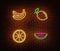 Neon vegetable signs vector isolated on brick wall. Banana, lemon, orange, watermelon light symbol,