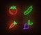 Neon vegetables signs vector isolated on brick wall. Tomato, cucumber, carrot, beetroot light symbol