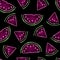 Neon watermelon slices seamless pattern. Summer, exotic, freshness, food concept. Golden glowing ananases icons on black