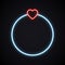 Neon wedding ring with heart. Glowing brilliant engagement ring on dark background. Bright jewelry symbol. Love, wedding