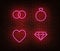 Neon wedding signs vector isolated on brick wall. Wedding rings, diamond, heart light symbol, decora