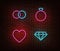 Neon wedding signs vector isolated on brick wall. Wedding rings, diamond, heart light symbol, decora