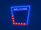 Neon welcome open signboard on the blue background