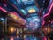 Neonlit futuristic shopping mall with colorful storefronts