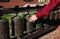 Nepal prayer wheels on traditional house background