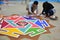 Nepalese drawing made rangoli symbol from powder or sand paint color art for nepali people respect praying rite to deity in diwali