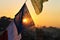 Nepali flags during a sunset in Kathmandu.