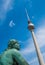 Neptune fountain and TV Tower at Alexanderplatz square, Berlin,