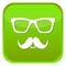 Nerd glasses and mustaches icons. Vector bright Green isolated illustration button