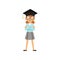 Nerd schoolgirl standing with arms crossed in student cap. Cartoon kid character in glasses, blue blouse and gray skirt