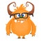 Nerdy happy cartoon monster character wearing eyeglasses. Halloween vector orange and horned monster. Design for emblem or sticker