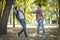 Nervous and upset man pushes another during aggressive quarrel conflict