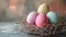 Nest with colorful Easter eggs, festive composition.