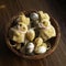 Nest with eggs, cute easter fluffy bunnies on wooden background