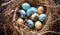 A nest filled with gold and turquoise patterned Easter eggs, surrounded by dry golden leaves.
