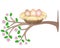 Nest with three eggs on a flowering tree - vector spring full color picture. A bird`s cozy cute nest on a branch with pink flower