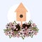 Nesting-box, sakura flowers, loving birds spring cut cartoons banner art design elements stock vector illustration