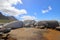 Nestled boulders on golden rock