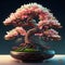 Nestled within an exquisitely crafted ceramic pot, a bonsai tree stands as a living work of art